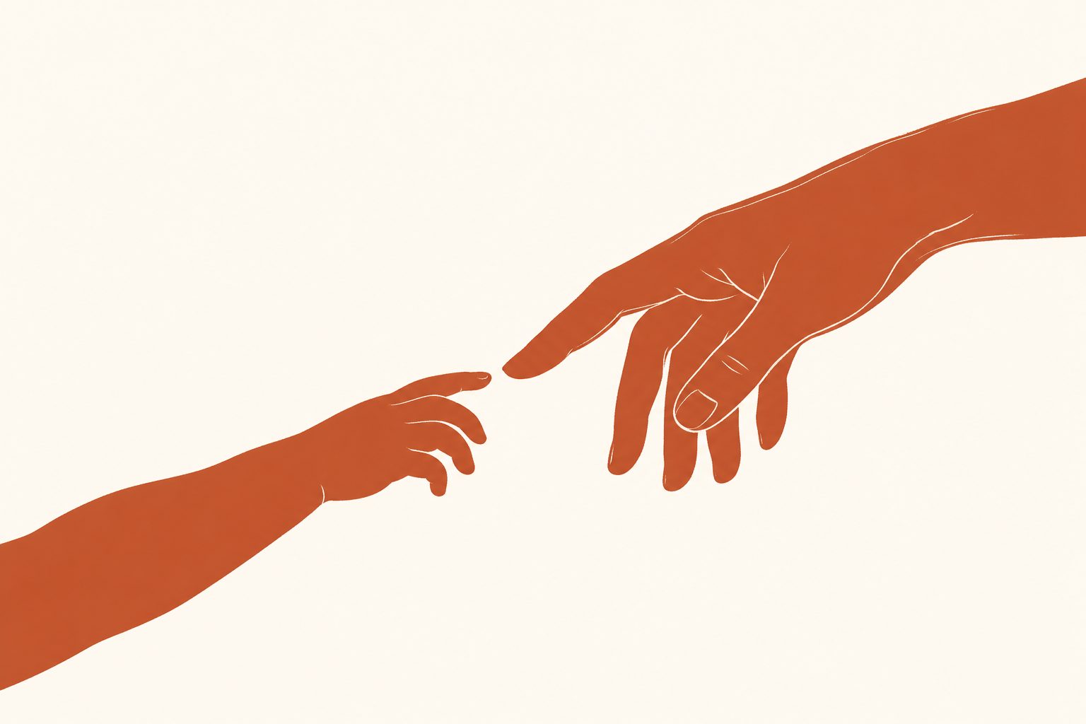 Illustration d'une main d'adulte et d'une main d'enfant qui se touchent presque, dans des tons terracotta sur fond crème.