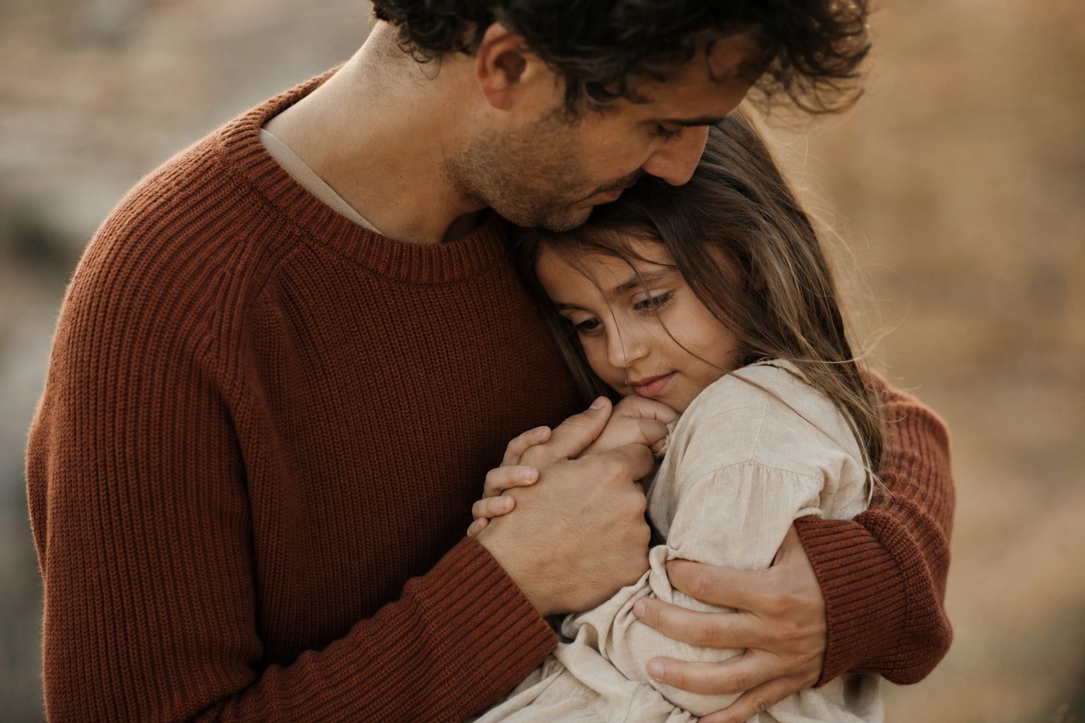 Un père enlace tendrement sa fille, leurs deux têtes inclinées l'une vers l'autre dans la lumière dorée du soir.